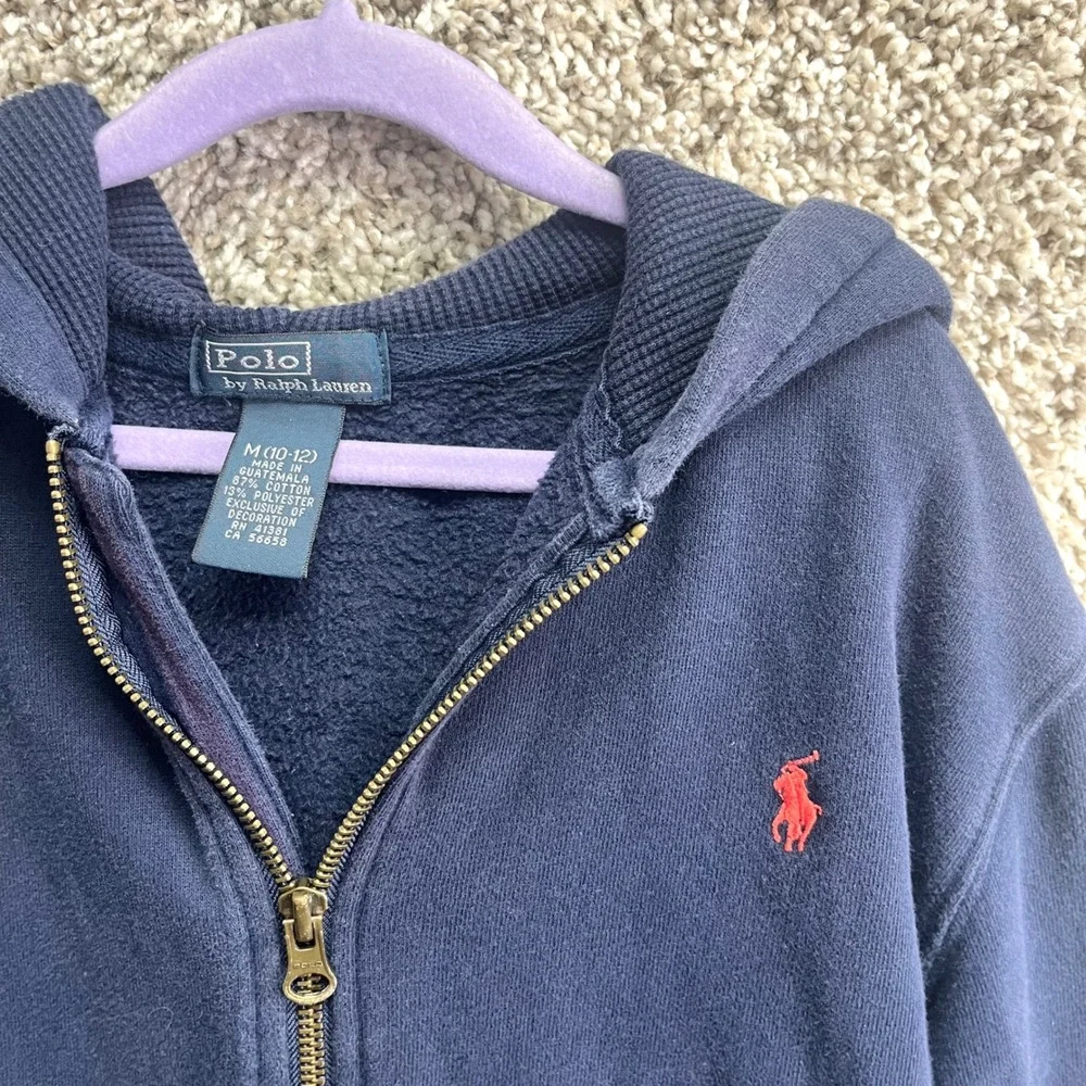 Polo‎ Ralph Lauren Jacket Boys M (10-12) Navy Blue Full Zip Up Hooded Sweatshirt